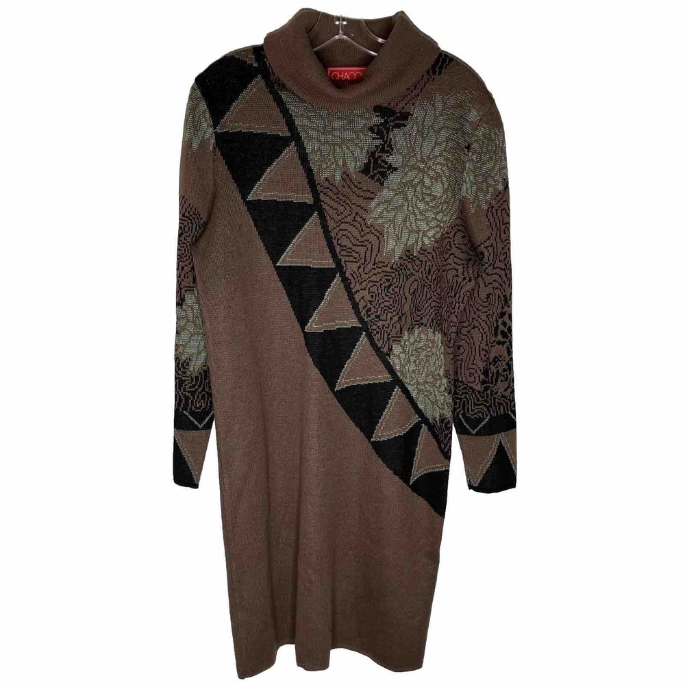 CHACOK Wool Blend Sheath Brown Dress‎ Sz L / XL Quiet Luxury Cowl Neck